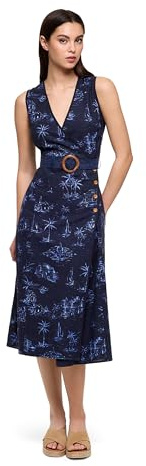 KOALA BAY | Vestinetis | Vestido Azul Marino Mujer | Estampado Náutico Barcos Palmeras | Escote Pico Cruzado | Largo Midi