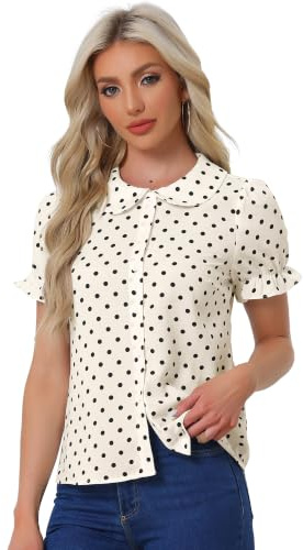 Allegra K Chemise boutonnée à manches bouffantes et col claudine à pois pour femme, beige, XL