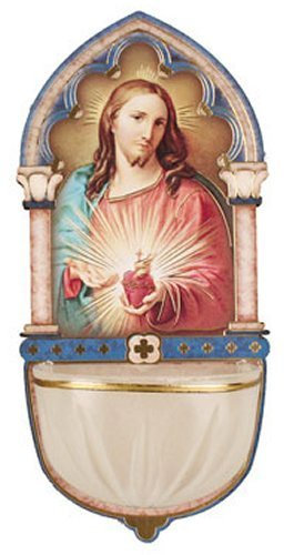 katholischen Geschenke, Luminous Sacred Heart of Jesus Weihwasserbecken mit Gold Folie Highlights.