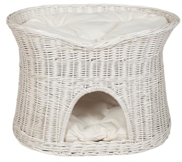Damian-Wiklina Katzenkorb zum Schlafen – Katzenhütte Indoor – Größe L: 60 cm oval – Katzenhöhle aus Weide – Zweistöckiger Hunde – oder Katzenbett mit waschbaren Kissen in Ecru – Weiße korbfarbe