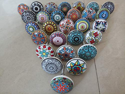 Handgjord mandala design färgglad keramisk och metallhjulsknopp set, flerfärgade knoppar set med 20 av Knobsworld
