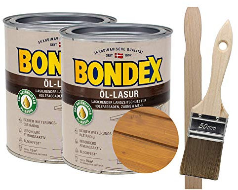 Bondex Öllasur 2 x 0,75 l premium Holzlasur aus natürlichen Ölen inkl. Pinsel und Rührholz der Langzeitschutz für Holz im Aussenbereich (kiefer)