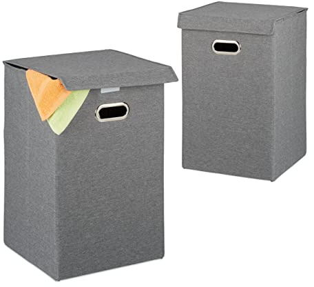 Relaxdays Wäschekorb 2er Set, faltbare Wäschesammler mit Deckel, Wäschetruhe eckig, 62 L, 55,5 x 35,5 x 35,5 cm, grau, 1 Stück