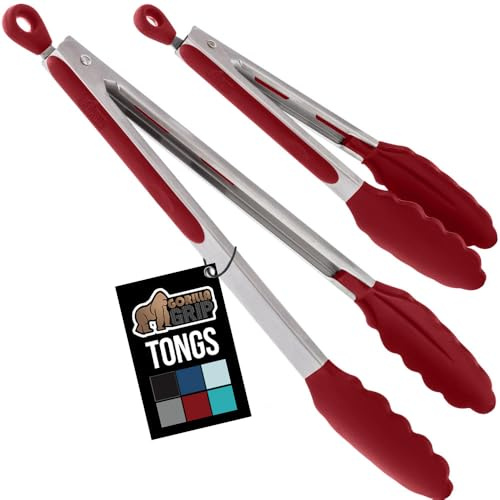 Gorilla Grip Stainless Steel Heat Resistant Kitchen Tongs for Cooking, 9 + 12 Inch, Set of 2 BBQ Tong, Non Scratch Silicone Tip for Pan, Strong Grip, Grab Food, Toss Salad, Air Fryer, Pull Lock, Red