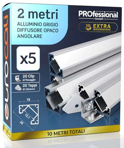 Eurocali 5x Profili Angolari da 2 metri (10mt) in Alluminio grigio per Strisce LED Copertura Opaca - larghezza max striscia led 12.1mm - 19 x 19