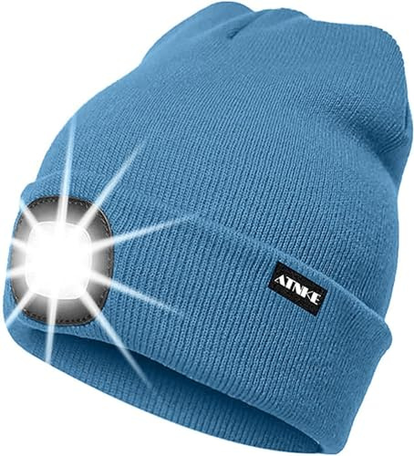 ATNKE LED Beleuchtete Mütze,Wiederaufladbare USB Laufmütze mit Licht Extrem Heller 4 LED Lampe Winter Warme Stirnlampe für Herren und Damen Geschenke