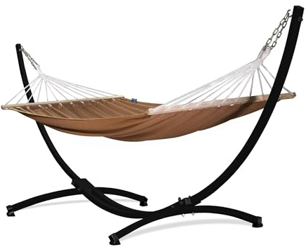 Potenza Hamaca con Soporte Incluido en Jardin, de Tela Multicolor, para 2 Personas Doble I Grande Soporte Capacidad de 220 Kg I Hamaca con Barra 220x160 cm (Marrón, Soporte Negro)