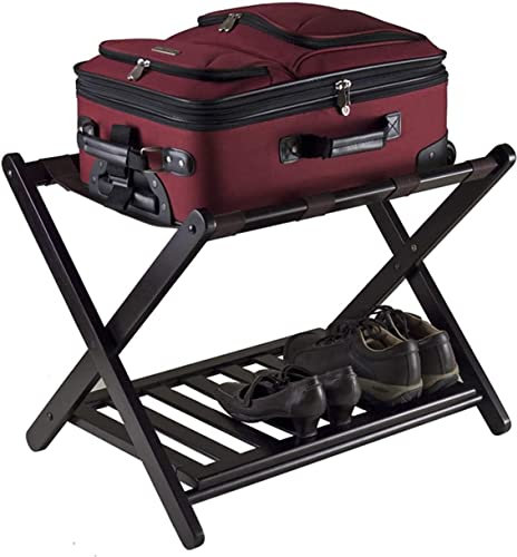 Nisorpa Kofferständer mit Ablagefächern,Gepäckträger klappbar, 68x40x58cm, Gepäckablage aus Bambus, Gepäckständer Platzsparend Kofferablage Kofferbock für Schlafzimmer,Hotel, Schwarz