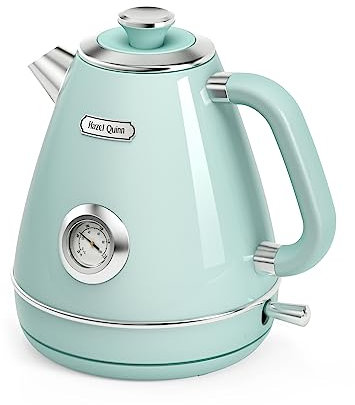 Hazel Quinn Elektrischer Wasserkocher Edelstahl, BPA-frei, STRIX-Controller, 360° Gerätefuß, Temperaturanzeige, Retro Design, Automatische Abschaltung, 2200 W, 1,7 Liter, Minzgrün