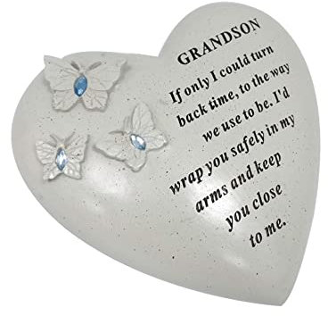 Personalised Grave Ornament/Memorial Plaque with Heart With 3 butterflies & Blue Gems | Graveside Decoration Gift in the Loving Memory of your Loving Deceased Ones (GrandSon)