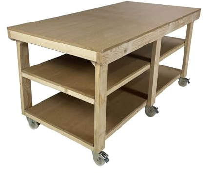 Arbor Garden Solutions 6ft Mobile Wooden Workbench with Double Shelf, 18mm MDF Top - 3ft Deep Heavy Duty Work Table on Wheels (180cm)