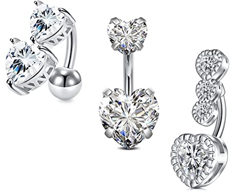 LAURITAMI Kurzes Bauchnabelpiercing 6mm Chirurgenstahl 14G Schmetterling Doppelt Herz Silber CZ Piercing Bauchnabel Barbell
