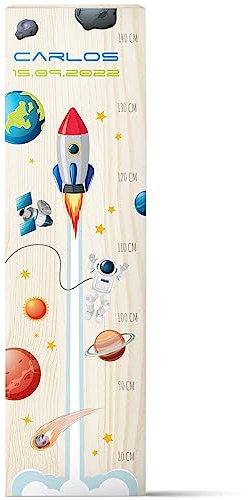 GRAVURZEILE Messlatte für Kinder aus Holz - Rakete Design - mit Namen & Datum für Kinderzimmer - Skala misst 80-140 cm - Größe 20 x 70 x 2 cm - Geschenk zur Geburt für Mädchen & Jungen
