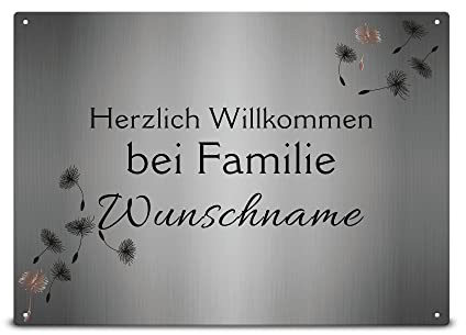 Print Royal Wetterfestes Türschild Familie mit Namen - Willkommen bei Familie Ihr Name - Familienschild personalisiert Haustür Schilder Familie mit Name | Metallschild Pusteblume, 21x15 cm