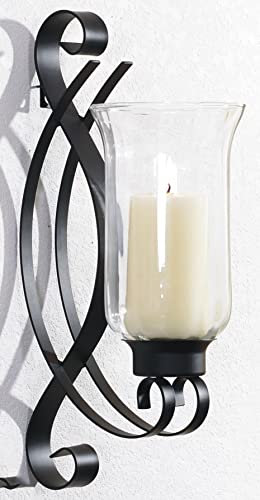 Novaliv 1x Wandkerzenhalter aus Metall mit Glas 18 x 36 x 20 cm Schwarz Kerzenhalter Wand Teelichterhalter Deko Wohnzimmer Dekoration Wanddeko Vintage Deko Kerzenständer Schwarz