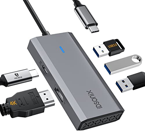 USB C Hub, iDsonix 5 in 1 Aluminium USB C Hub Docking Station mit 4K HDMl Adapter, 60W PD, USB 3.0 Anschluss, USB C Hub kompatibel für MacBook Air/Pro, iPad, HP, Dell (Grau)