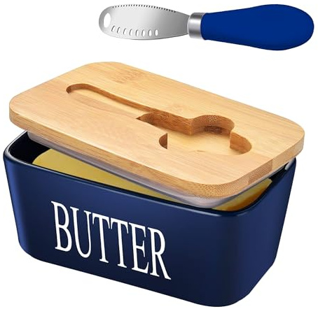 Lovelyduo Mantequera de cerámica con tapa de bambú, recipiente grande para mantequilla con cuchillo rizador y soporte doble de silicona para sellar mantequilla, rectangular, azul marino