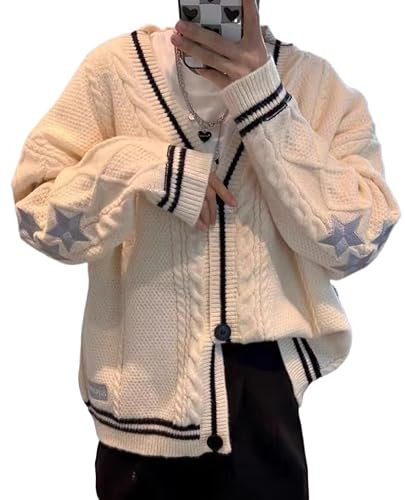 Women's Cardigan Star Embroidery Knitted Open Front Cardigan V-Neck Long Sleeve Oversized Button Sweater Coat Outwear, Beige 1, S