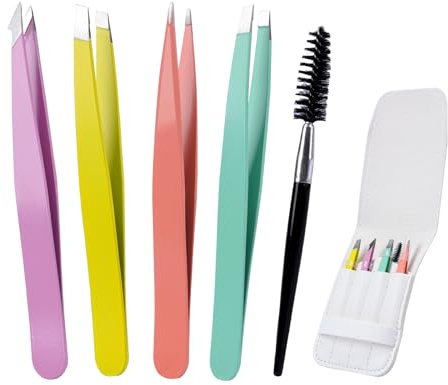 Alyvisun 5 Pcs Tragbar Pinzette, Professioneller Edelstahl Pinzette Augenbrauen Zupfen, Strukturierte Anti-Rutsch Beschichtung, Geeignet für eingewachsenes Haar für Männer und Frauen (Mehrfarbig)