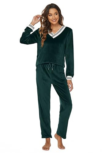 Ietaoo velour träningsoverall dam pyjamas tvådelad joggingdräkt sportdräkt vinter V-ringad tröja och byxor Nicki hemmadräkt pyjamasset, Grön, S