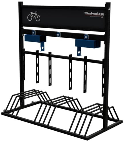 Bauzaunwelt Fahrradständer Werbeschild schwenkbare Haltevorrichtungen Transportrollen Reifenbreiten bis 55 mm verzinkt und beschichtet (RAL 9005) mit 3x Steckdosen IP54, 2x Halter für E-Bikeladegerät