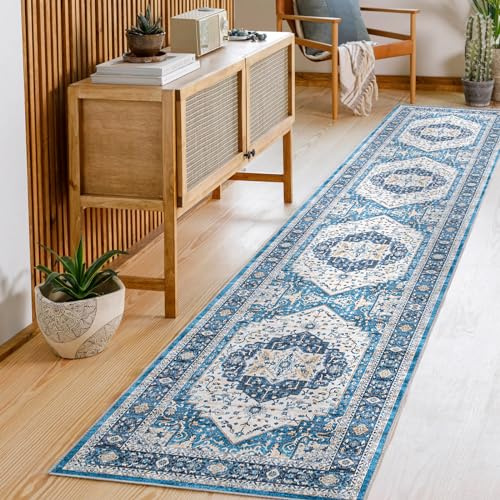 Carvapet Lavable Alfombras de Pasillo 60x300cm Alfombra Corredor Antideslizante Largo Fina Alfombras de área Azul Alfombra para el Salón Dormitorio