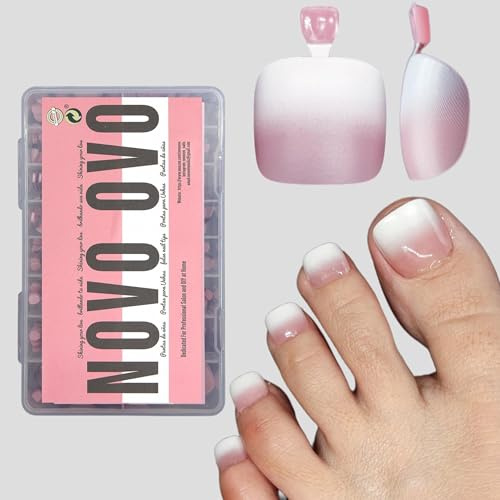 NOVO OVO French Tip Ombre Toe Nail Tips Press on, Soft Gel Fake Toenail Extension, BERRY OMBRE Square Round Pre-applied Tip Primer & Base Coat, Full Cover Matte False Nails for DIY x 15 Sizes 360 Pc