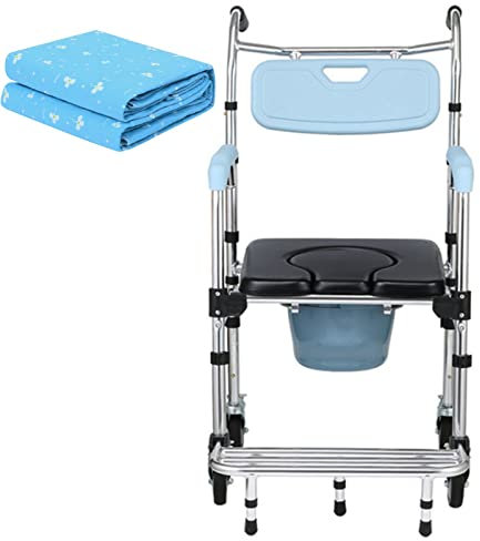 Toilettenrollstuhl, höhenverstellbarer tragbarer Toilettenstuhl, Duschstuhl mit Rädern, Stabiler, Leichter, dick gepolsterter Sitz, Toiletten-Badstuhl für ältere Menschen mit Behin