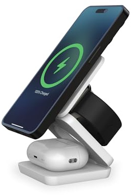 KSIX Cube Cargador inalámbrico, 3en1, Carga rápida, 15 W, Plegable, Compatible y Qi, Apple Watch y AirPods, Blanco