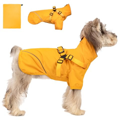 Gelber Hunderegenmantel mit Geschirr - Wasserdichte Slicker-Jacke für kleine bis mittlere Hunde, reflektierend für nasse Wetterbedingungen, XXL