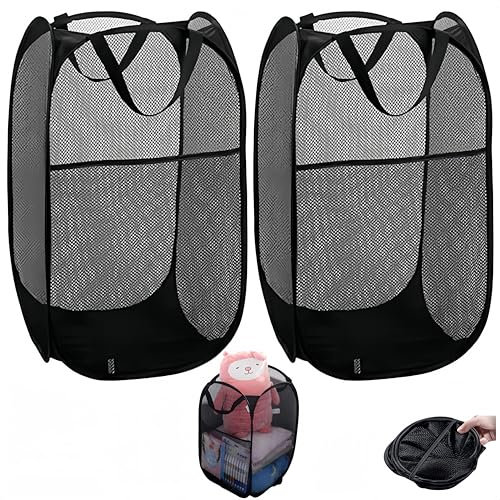 HJYDGJ Lot de 2 paniers à linge pliables avec anse - Panier à linge portable - Noir - Panier de rangement pliable en maille - Panier à linge pliable