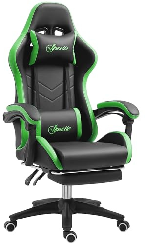Vinsetto Sedia da Gaming Ergonomica in Pelle PU 65x65x121-129cm Nero Verde | Acciaio, Poggiatesta, Altezza Regolabile, Poltrona Gaming, Schienale Reclinabile, Cuscino Lombare
