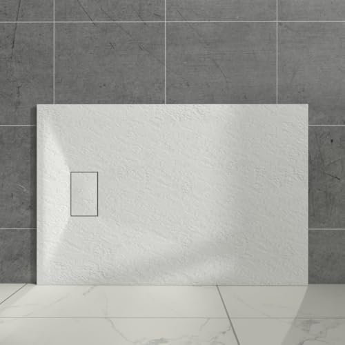 Aquariss White Rectangular Shower Tray Slate Effect SMC Slip-Resistant Shower Base for Bathroom Enclosures 1100x800mm with Waste