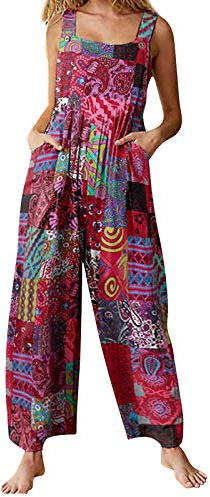 CocMouse Womens Dual Pocket Jumpsuit Loose Summer Rompers Suspender Wide Leg Overalls Boho Adjustable Straps Harem Pants (Red, XXL)