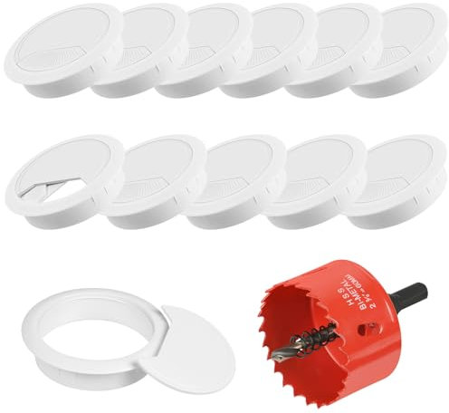 Flintronic 12 Pezzi Passacavi Scrivania, 60mm Passacavo per Scrivania, Scrivania Passacavi, con Seghe a Tazza da 60 mm, per Organizzare Filo per Casa e Tavolo ddell’ufficio - Bianco