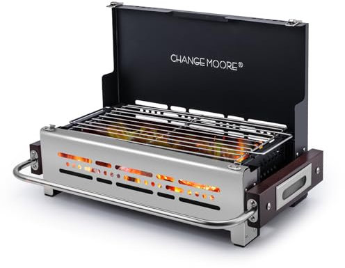 CHANGE MOORE BBQ Charcoal Grill 304 Stainlee Steel, Portable Charcoal Grill with Heat-Resistant Handles, Adjustable Height Small Folding BBQ for Camping, Garden, Picnic, Outdoor - Black