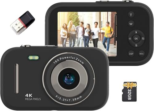 Fotocamera digitale 4K Videocamera digitale portatile Fotocamera digitale compatta Fotocamera digitale compatta 48 MP Schermo Ips da 2,8 pollici Zoom 16X Batteria integrata Compleanno per adolescenti,