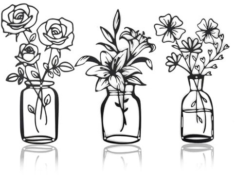 JUMRHFAN 3-teiliges Wanddekor mit Blumen aus Metall, minimalistische Vase, Wandkunst, Tulpendraht, Eisendekor, florale Wandskulptur für Wohnzimmer, Badezimmer, Schlafzimmer, Küche (schwarz)