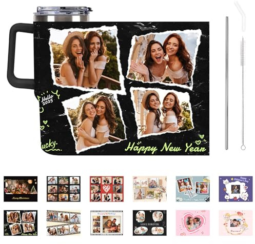 Personalizado Vaso con Asa y Pajita - 40 oz, Taza para Automóvil de Gran Capacidad Personalizada con Foto/Texto, Taza de Viaje de Acero Inoxidable, Regalos de Cumpleaños Navidad para Mujeres y Hombres