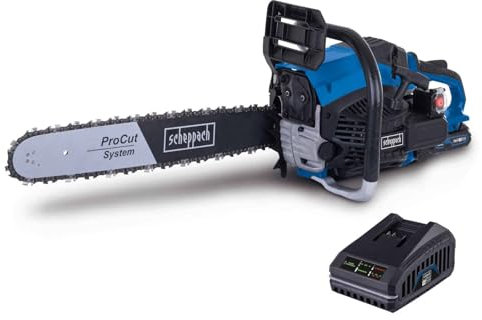 Scheppach Tronçonneuse thermique PCS56E - Tronçonneuse à essence - Moteur à essence 2 temps 3,1 CV / 2,3 kW - Guide-chaîne et chaîne ProCut 20 / 51 cm - Batterie et chargeur inclus