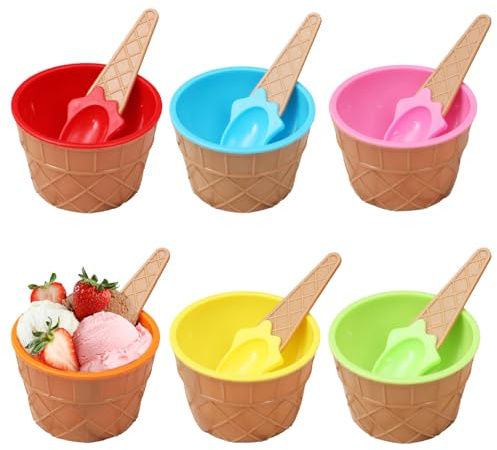 PORUPAEL 6 Pieces Candy Color Ice Cream Bowls, Colorful Ice Cream Cup with Spoons Thickening Plastic Dessert Bowls Cute Dessert Container Holder for Family, Camping, Party