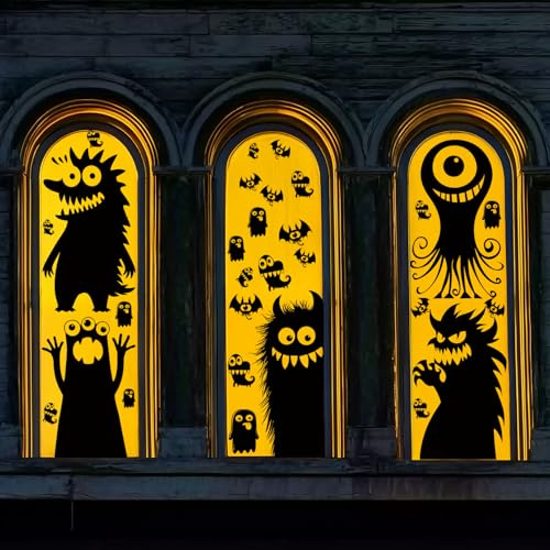 5 Bögen, 29 Stück, riesige, niedliche Halloween-Fensteraufkleber mit frechen Monstern als Halloween-Dekoration