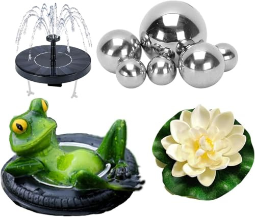 Xevinas Miniteich Deko Set, Frosch Schwimmende Teichdeko Mit 6 Schwimmkugeln Für Miniteich Und Künstliche Seerosen Solarbrunnen Für Draußen Mit Akku, Gartendeko Harz Fröschen