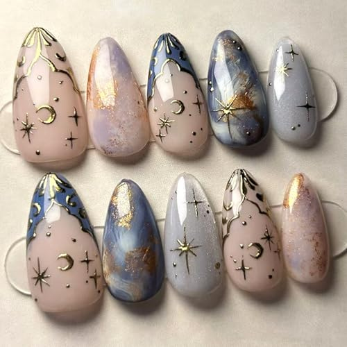 Viugex 24 Stück Press on Nails Mandel Mittel, Nägel zum Aufkleben Natürlich Gradient Fake Nails, Glänzend Kunstnägel zum Aufkleben mit 3D Stern Mond Design,Full Cover Künstliche Fingernägel für Frauen