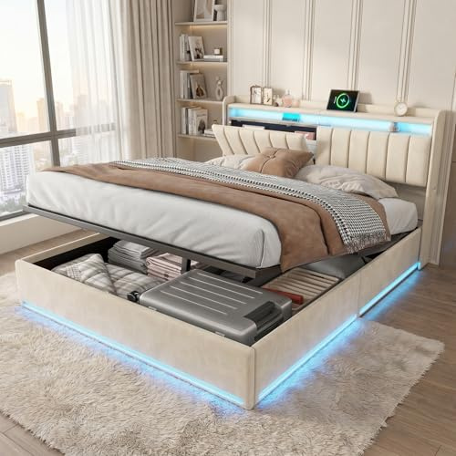 HYTKKBD Letto Matrimoniale Imbottito 160x200 cm, Letto Baule 160 x 200 con rete a LED e USB, Struttura letto con contenitore idraulico e testata per letti imbottita, Senza Materasso,velluto, beige
