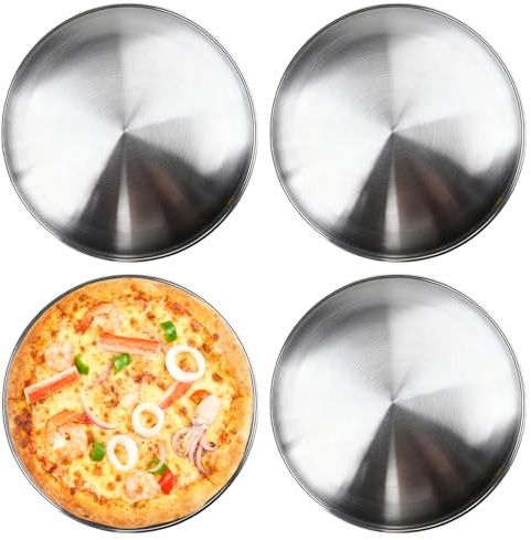 GOEDCH Lot de 4 plaques à pizza rondes en acier inoxydable de 30 cm pour four, pâtisserie, servir, rôtir, plaque de cuisson à pizza en métal argenté pour la cuisine, le plaisir du café, passe au