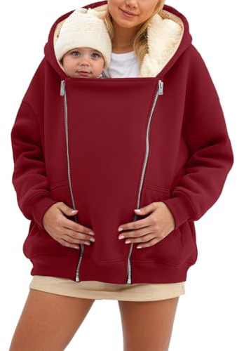 lozssnigzi Felpa con Cappuccio in Pile 3 in 1 per Marsupio Porta Bebè da Donna, con Cerniera, Cappotto a Canguro, Top per Gravidanza, Porta Bebè