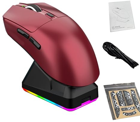 Plyisty 3-Modi-Gaming-Maus mit Ladestation, Leichte Maus mit Einstellbarem 800-12000 DPI und RGB-Licht, für Büro- und PC-Nutzung (Rot)