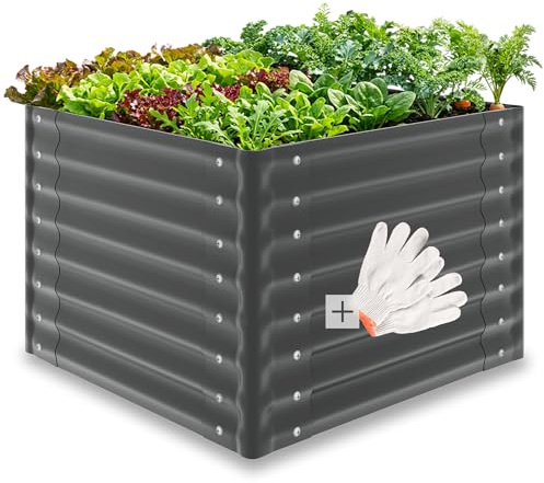 tectake® Bancal Elevado de 380L, para Huerto Urbano, Jardineras Exterior Grandes, Maceteros Grandes Exterior, Jardin, Macetero Grande, con Guantes, Suelo Abierto, Malla Metalica - 80 x 80 x 62 cm