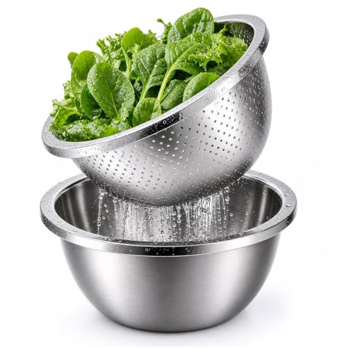 22cm Passoire Inox avec Bol, Saladier Inox et Passoire Empilable, Égouttoir pâtes, Bol Mélangeur, pour Laver le Riz, Pâtes, Fruits et Légumes, Passe au lave-vaisselle (22CM)